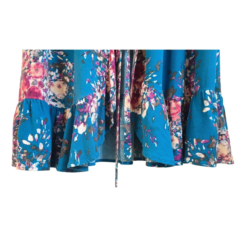 Boho Fairy Lovestitch Size S Teal Blue Floral Wrap Dress Long Sleeve Ruffle Hem - Picture 2 of 8